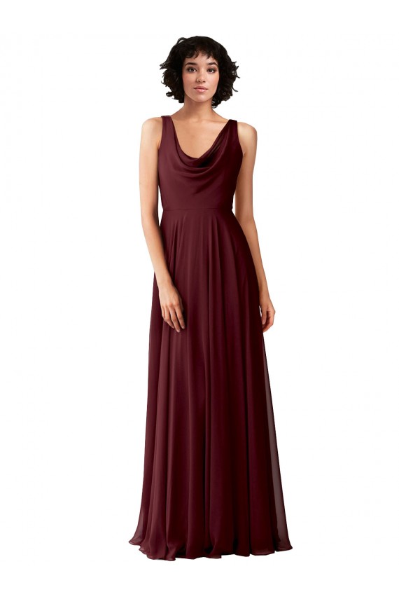 Soft Chiffon A-Line Long Sleeveless Burgundy Gold V-Back Bridesmaid Dress Barrie