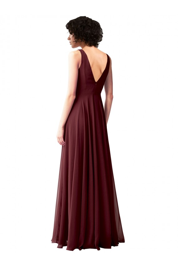 Soft Chiffon A-Line Long Sleeveless Burgundy Gold V-Back Bridesmaid Dress Barrie