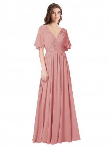 Soft Chiffon A-Line Long Flutter Sleeves V-Back Bliss Pink Bridesmaid Dresses Barrie