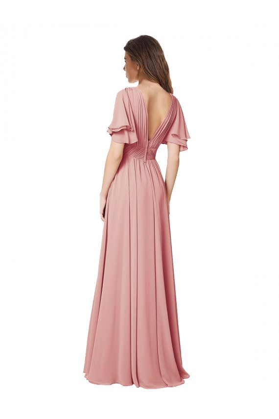 Soft Chiffon A-Line Long Flutter Sleeves V-Back Bliss Pink Bridesmaid Dresses Barrie