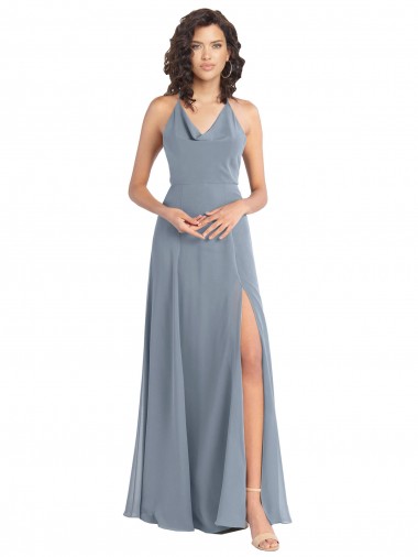 Soft Chiffon A-Line Long Sleeveless V-Back Dusty Blue Bridesmaid Dresses Barrie