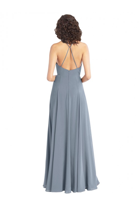 Soft Chiffon A-Line Long Sleeveless V-Back Dusty Blue Bridesmaid Dresses Barrie