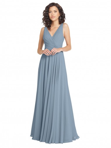 Soft Chiffon A-Line Long Sleeveless Dusty Blue V-Back Bridesmaid Dress Barrie