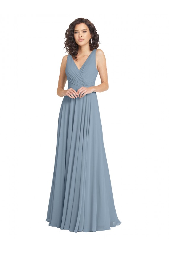 Soft Chiffon A-Line Long Sleeveless Dusty Blue V-Back Bridesmaid Dress Barrie