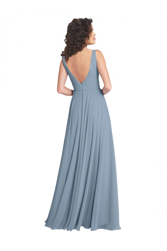 Soft Chiffon A-Line Long Sleeveless Dusty Blue V-Back Bridesmaid Dress Barrie