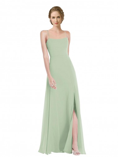 Soft Chiffon A-Line Long Sleeveless Criss Cross Back Front Slit Evening Dresses Barrie