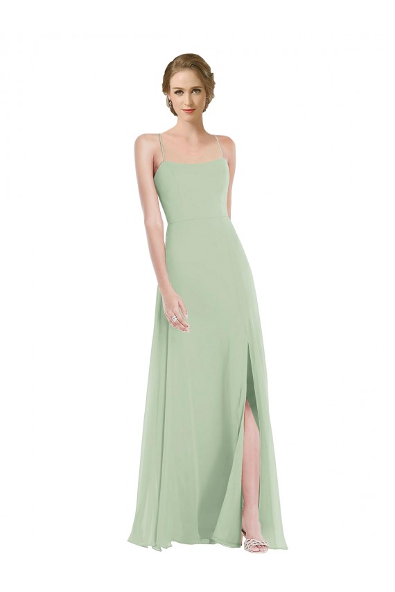 Soft Chiffon A-Line Long Sleeveless Criss Cross Back Front Slit Evening Dresses Barrie