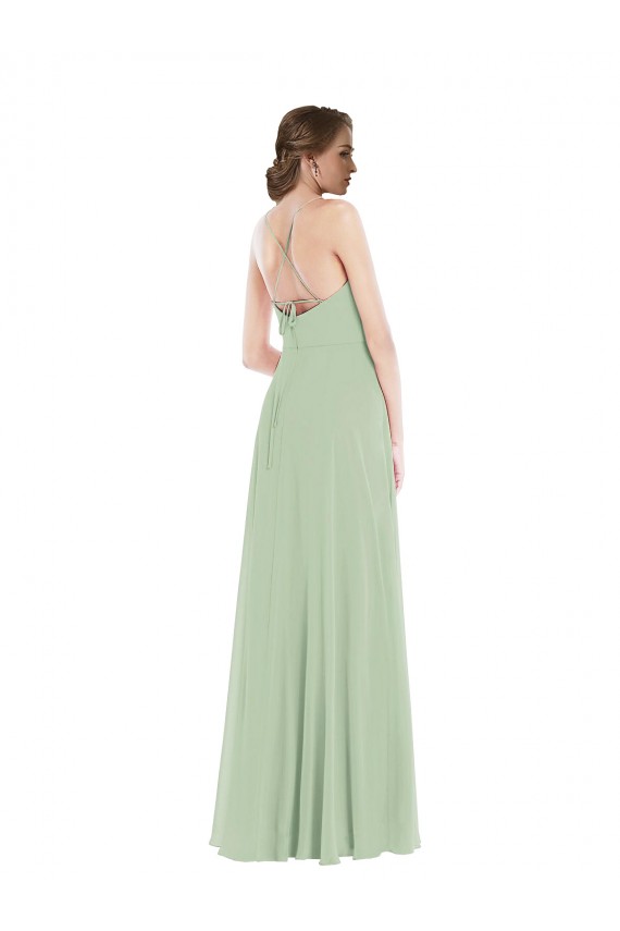 Soft Chiffon A-Line Long Sleeveless Criss Cross Back Front Slit Evening Dresses Barrie