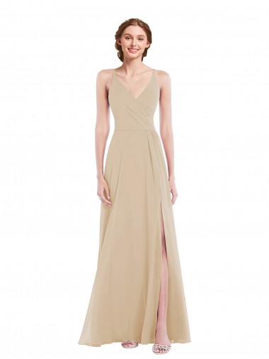 Soft Chiffon A-Line Long Sleeveless Criss Cross Back Champagne Evening Dresses Barrie