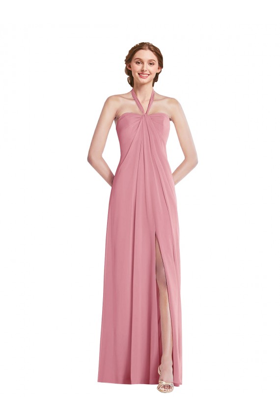Soft Chiffon A-Line Long Sleeveless Open Back Front Slit Evening Dresses Barrie
