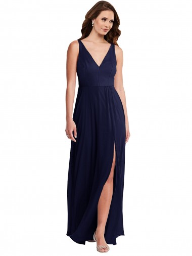 Soft Chiffon A-Line Long Sleeveless V-Back Front Slit Evening Dresses Barrie