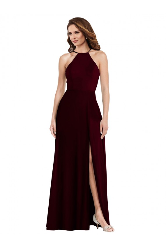 Soft Chiffon A-Line Long Sleeveless Burgundy Gold Low Back Semi Formal Evening Dress / Bridesmaid Dress Barrie