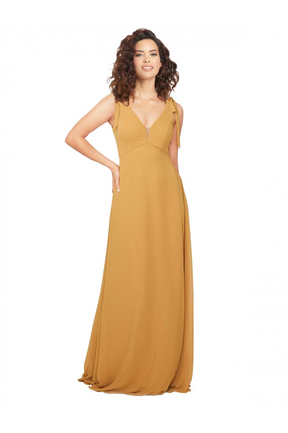 Soft Chiffon A-Line Long Sleeveless Saffron Keyhole Back Bridesmaid Dress Barrie