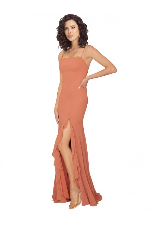 Soft Chiffon A-Line Long Sleeveless V-Back Ruffled Skirt Slit Bridesmaid Dresses Barrie