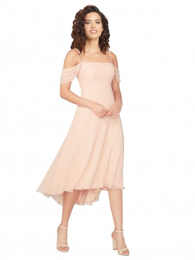 Soft Chiffon A-Line Midi Length Cold Shoulder Low Back High Low Bridesmaid Dress Barrie