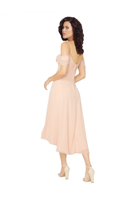 Soft Chiffon A-Line Midi Length Cold Shoulder Low Back High Low Bridesmaid Dress Barrie