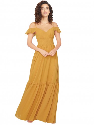 Soft Chiffon A-Line Long Cold Shoulder Keyhole Back Bridesmaid Dress Barrie