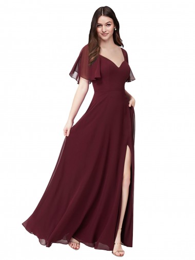 Soft Chiffon A-Line Long Short Flutter Sleeves Keyhole Back Formal Dress / Bridesmaid Dress Barrie