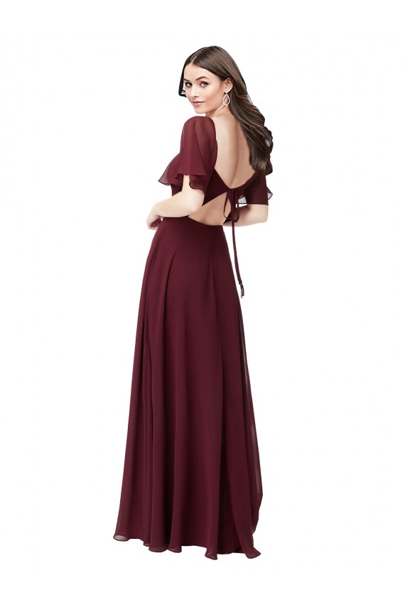 Soft Chiffon A-Line Long Short Flutter Sleeves Keyhole Back Formal Dress / Bridesmaid Dress Barrie