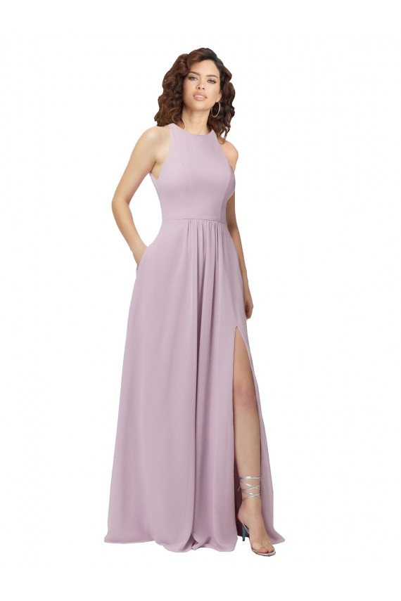 Soft Chiffon A-Line Long Sleeveless Pink Glow Keyhole Back Bridesmaid Dress Barrie