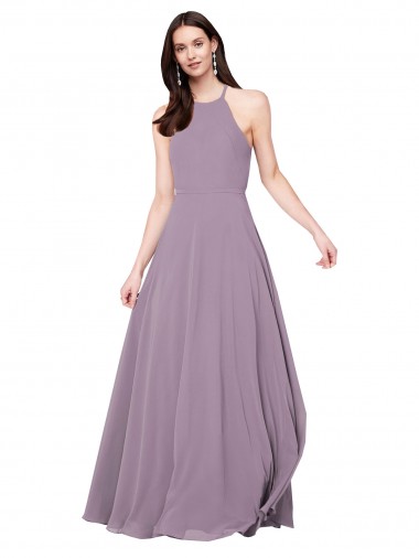 Chiffon A-Line Long Sleeveless Keyhole Back Dark Lavender Bridesmaid Dresses Barrie