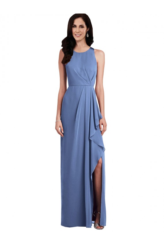 Soft Chiffon A-Line Long Sleeveless Keyhole Back Draped Front Slit Bridesmaid Dresses Barrie