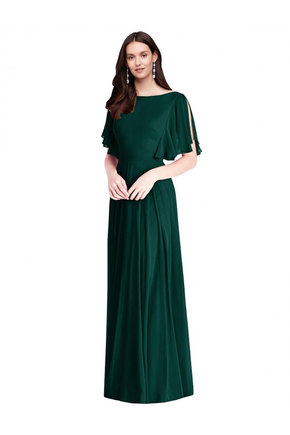 Soft Chiffon A-Line Long Bell Sleeves V-Back Semi Formal Evening Dress / Bridesmaid Dress Barrie