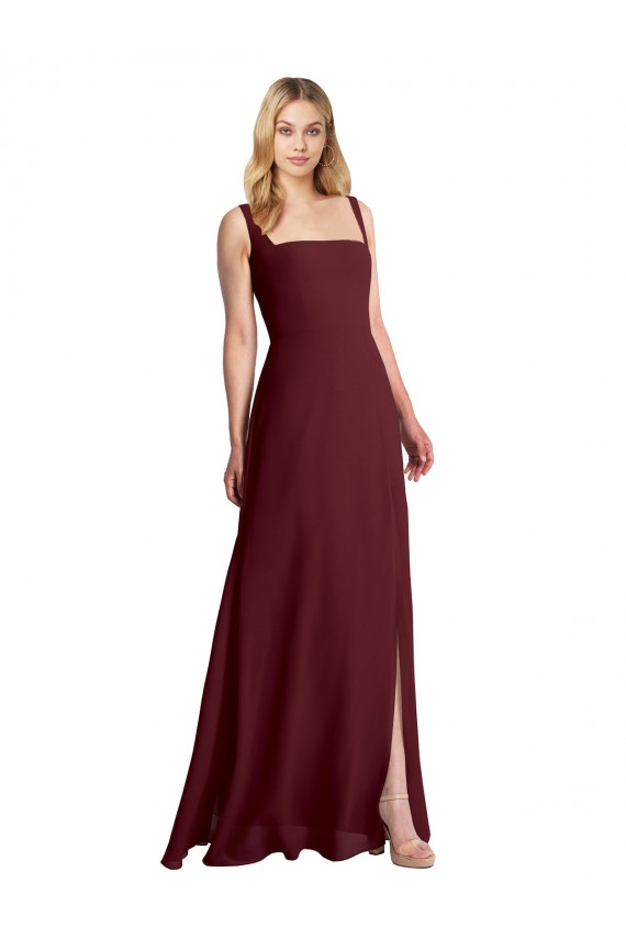 Soft Chiffon A-Line Long Sleeveless Low Back Burgundy Gold Bridesmaid Dresses Barrie
