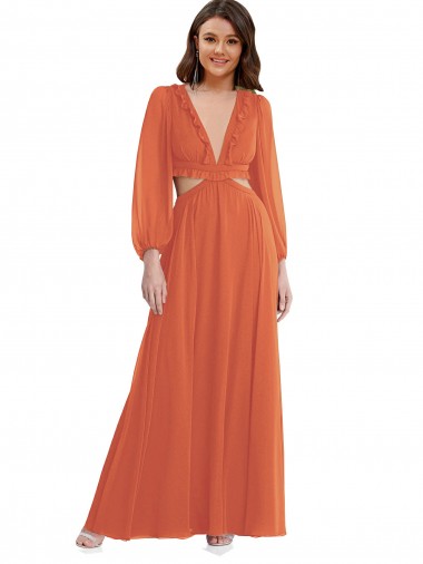 Soft Chiffon A-Line Long Long Sleeves Open Back High Low Evening Gown / Bridesmaid Dress Barrie