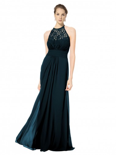 Soft Chiffon & Lace A-Line Long Sleeveless Keyhole Back Dark Navy Bridesmaid Dresses Barrie