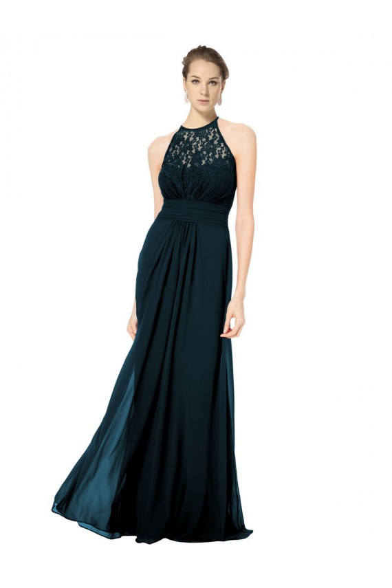 Soft Chiffon & Lace A-Line Long Sleeveless Keyhole Back Dark Navy Bridesmaid Dresses Barrie