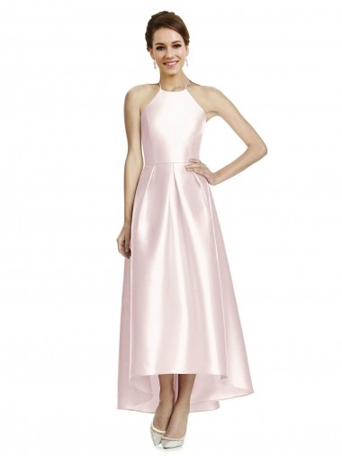 Satin A-Line Long Sleeveless Criss Cross Open Back High Low Bridesmaid Dress Barrie