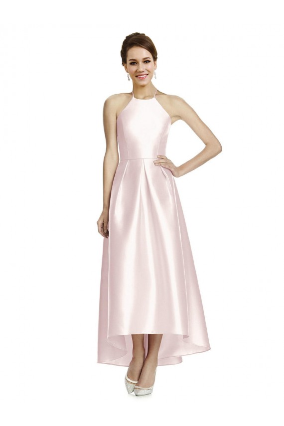Satin A-Line Long Sleeveless Criss Cross Open Back High Low Bridesmaid Dress Barrie