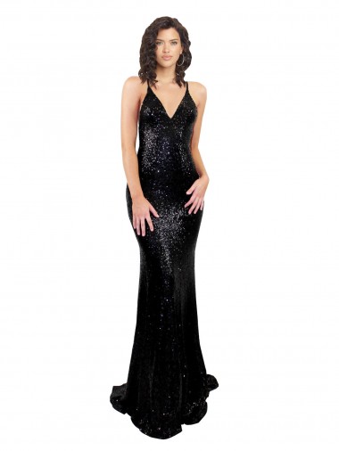 Sequin Mermaid Long Sleeveless Criss Cross Open Back Black Tie Evening Gown / Prom Dress / Bridesmaid Dress Barrie