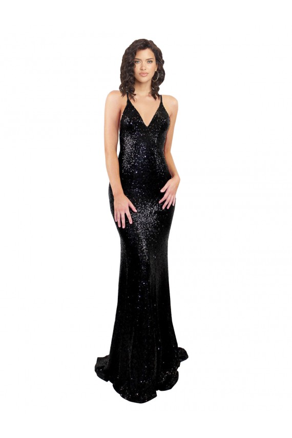 Sequin Mermaid Long Sleeveless Criss Cross Open Back Black Tie Evening Gown / Prom Dress / Bridesmaid Dress Barrie