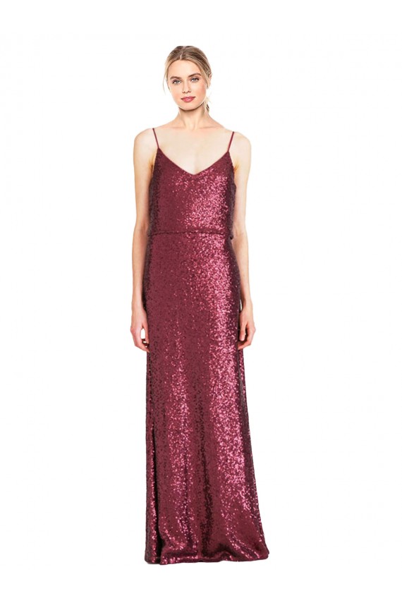 Sequin A-Line Long Sleeveless Burgundy Prom Dresses Barrie