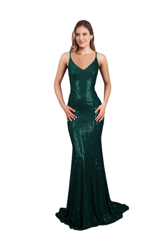 Sequin Mermaid Long Sleeveless Low Back Dark Green Prom Dresses Barrie