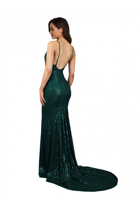 Sequin Mermaid Long Sleeveless Low Back Dark Green Prom Dresses Barrie