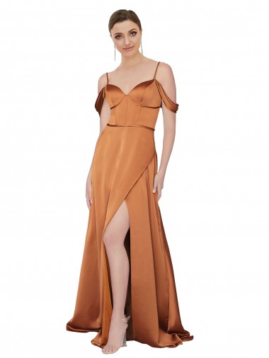 Silk like Satin A-Line Long Cold Shoulder Low Back Formal Evening Gown / Prom Dress / Bridesmaid Dress Barrie