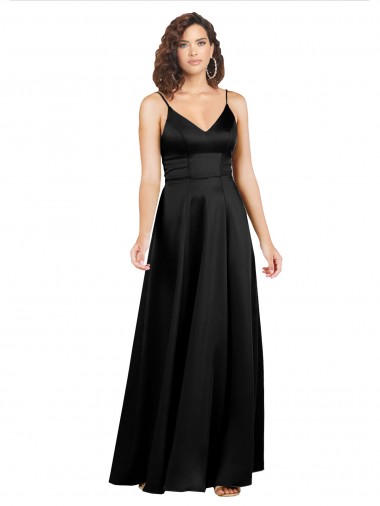 Silk like Satin A-Line Long Sleeveless V-Back Black Prom Dresses Barrie