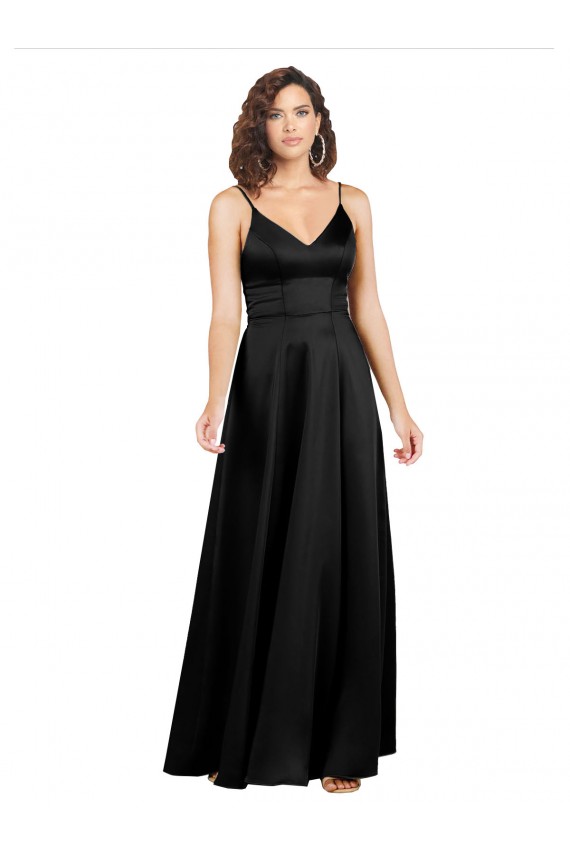 Silk like Satin A-Line Long Sleeveless V-Back Black Prom Dresses Barrie