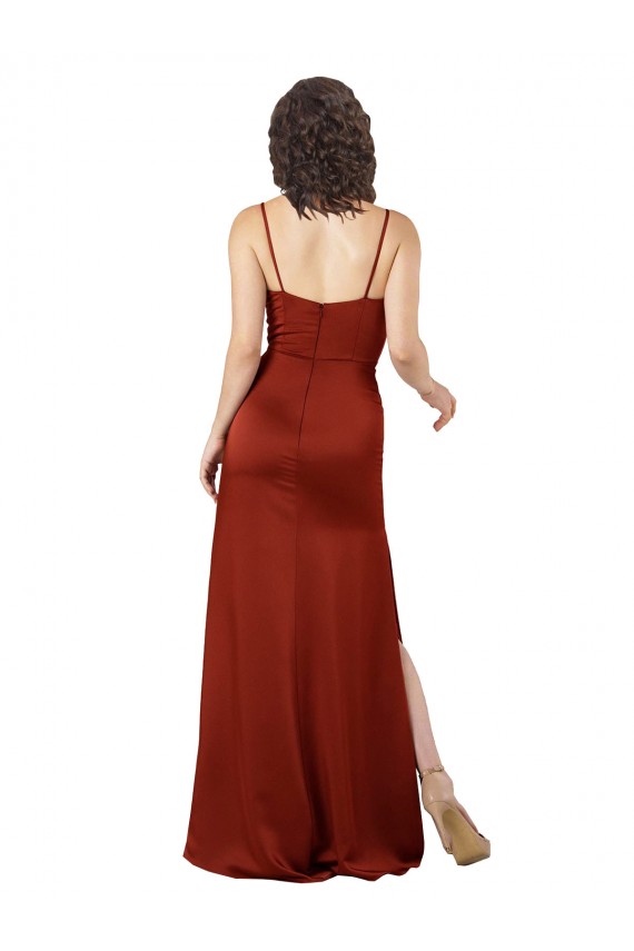 Silk like Satin A-Line Long Sleeveless Low Back Skirt Slit Prom Dresses Barrie