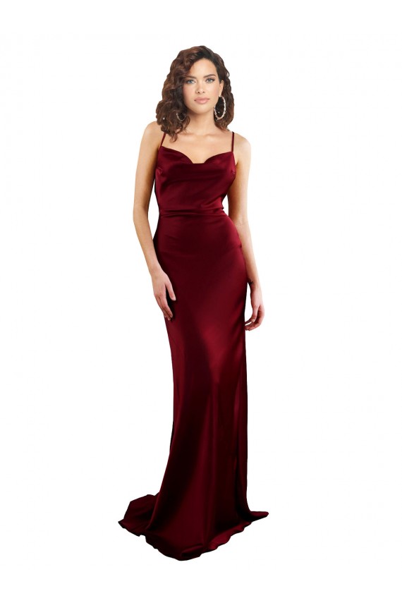 Silk like Satin Sheath Long Sleeveless Criss Cross Open Back Burgundy Prom Dresses Barrie