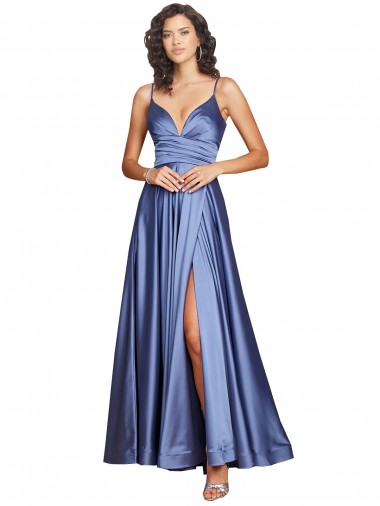 Silk like Satin A-Line Long Sleeveless Low Back High Slit Prom Dresses Barrie
