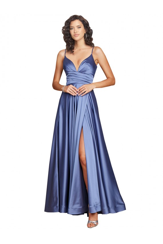 Silk like Satin A-Line Long Sleeveless Low Back High Slit Prom Dresses Barrie