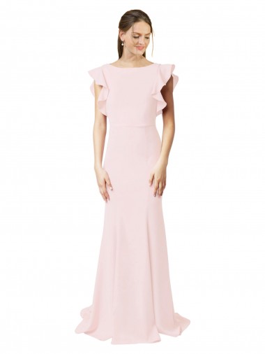 Stretch Crepe Mermaid, Sheath Sweep Train Ruffle Sleeves V-Back Black Tie Prom Dress / Bridesmaid Dress Barrie