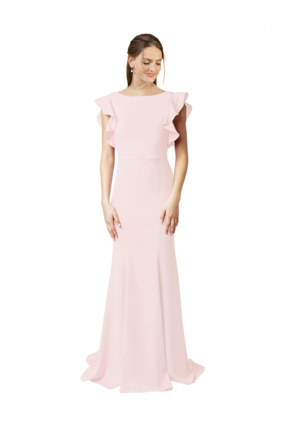 Stretch Crepe Mermaid, Sheath Sweep Train Ruffle Sleeves V-Back Black Tie Prom Dress / Bridesmaid Dress Barrie