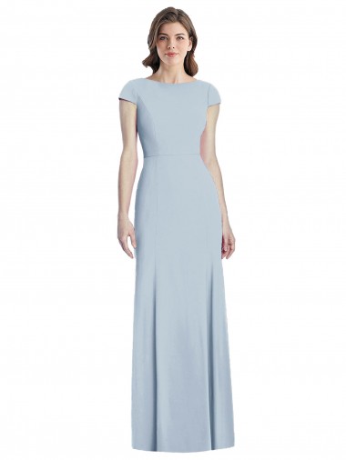 Stretch Crepe Trumpet Long Cap Sleeves Open Back Light Sky Blue Prom Dresses Barrie