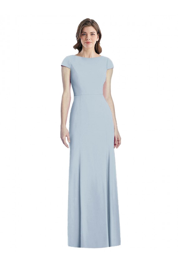 Stretch Crepe Trumpet Long Cap Sleeves Open Back Light Sky Blue Prom Dresses Barrie