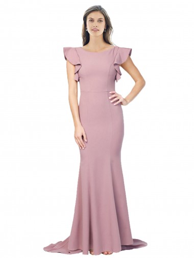 Stretch Crepe Mermaid Sweep Train Flutter Sleeves Low Back Formal Evening Gown / Prom Dress / Bridesmaid Dress Barrie